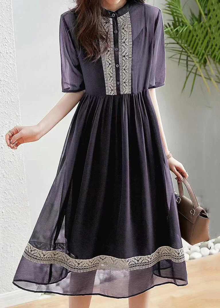 New Pink Button Patchwork Cotton Shirt Dresses Half Sleeve - Image 3