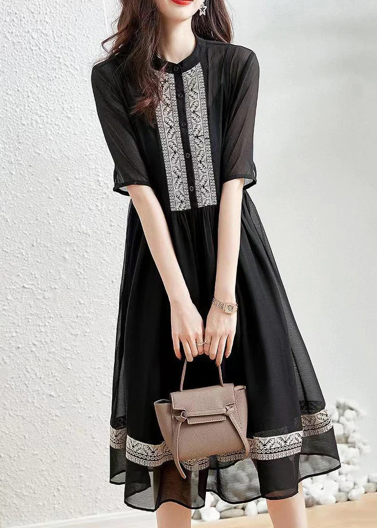 New Pink Button Patchwork Cotton Shirt Dresses Half Sleeve - Image 4