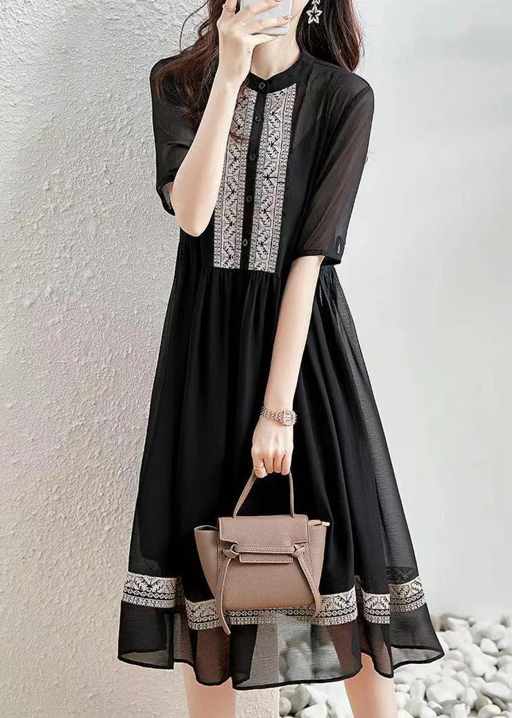 New Pink Button Patchwork Cotton Shirt Dresses Half Sleeve - Image 5