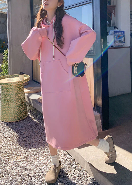 New Pink Hooded Pockets Cotton Streetwear Dresses Spring - Image 3