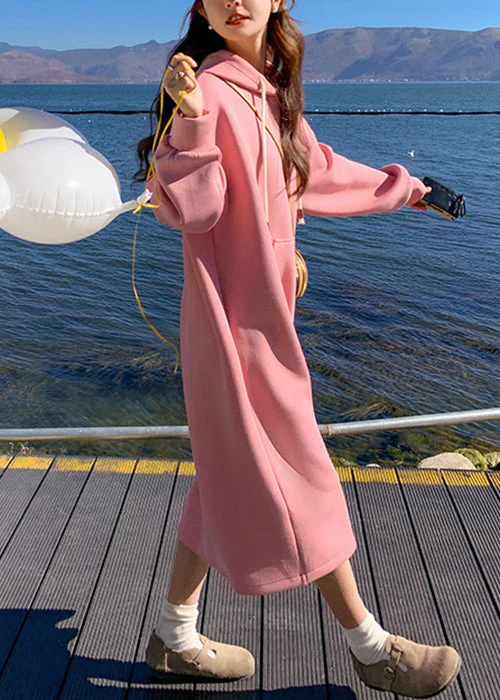 New Pink Hooded Pockets Cotton Streetwear Dresses Spring - Image 4