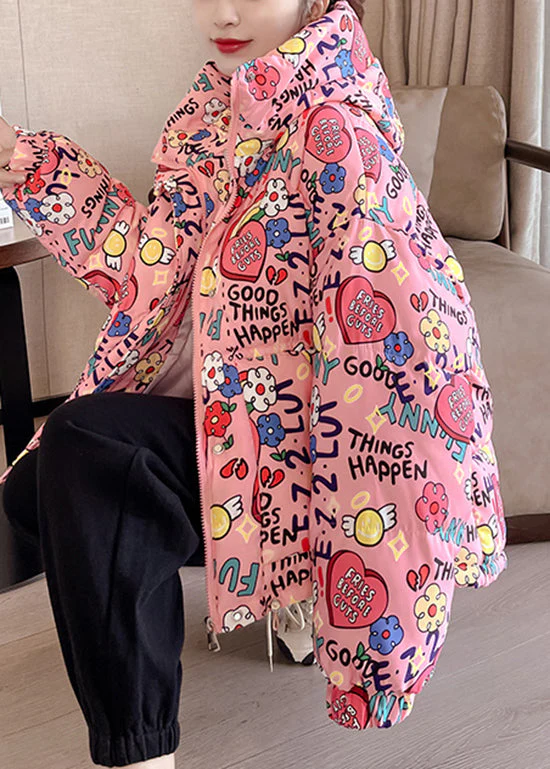 New Pink Hooded Pockets Print Fine Cotton Filled Jackets Winter - Image 4