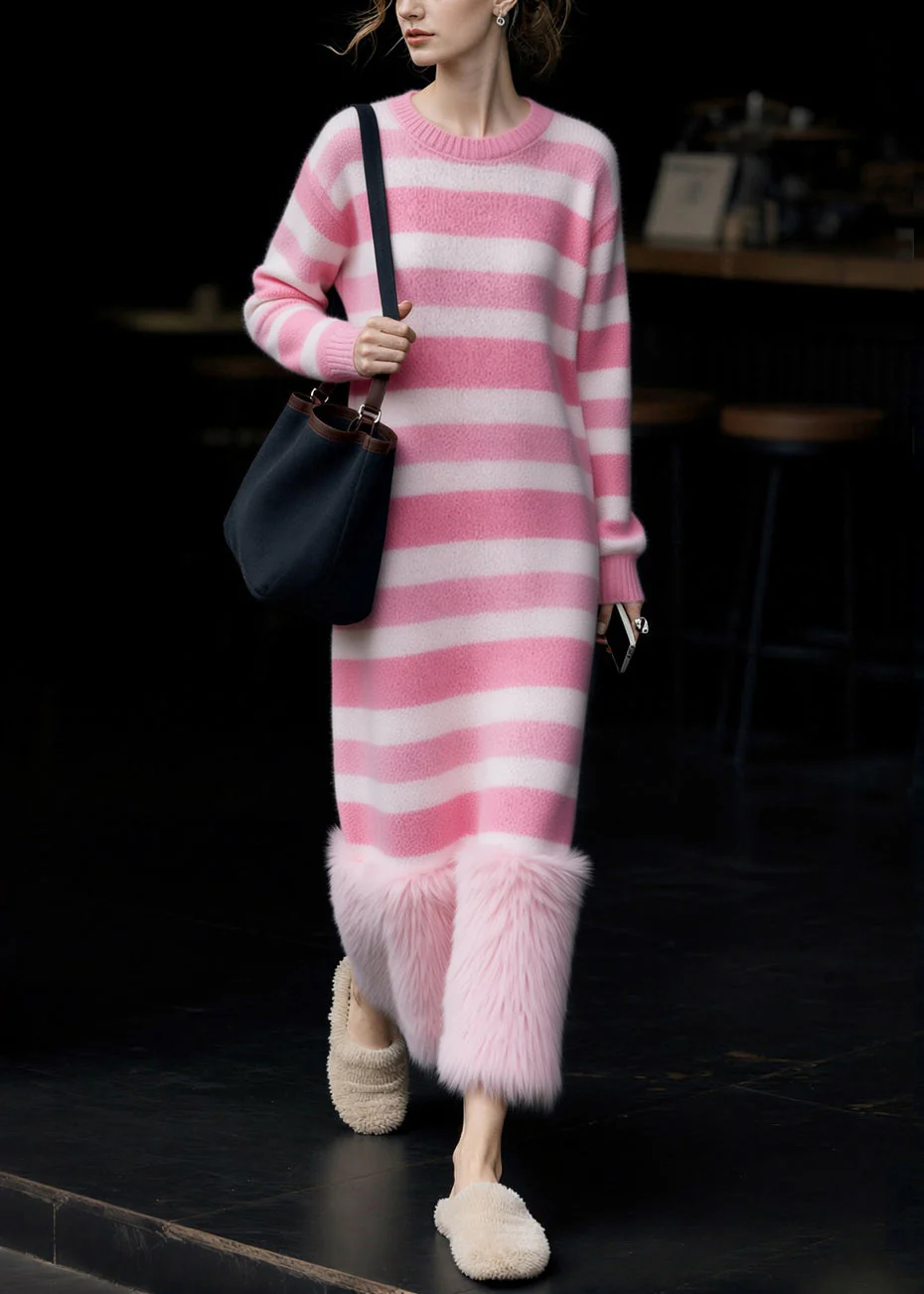 New Pink O Neck Striped Patchwork Knit Long Sweater Dress Spring