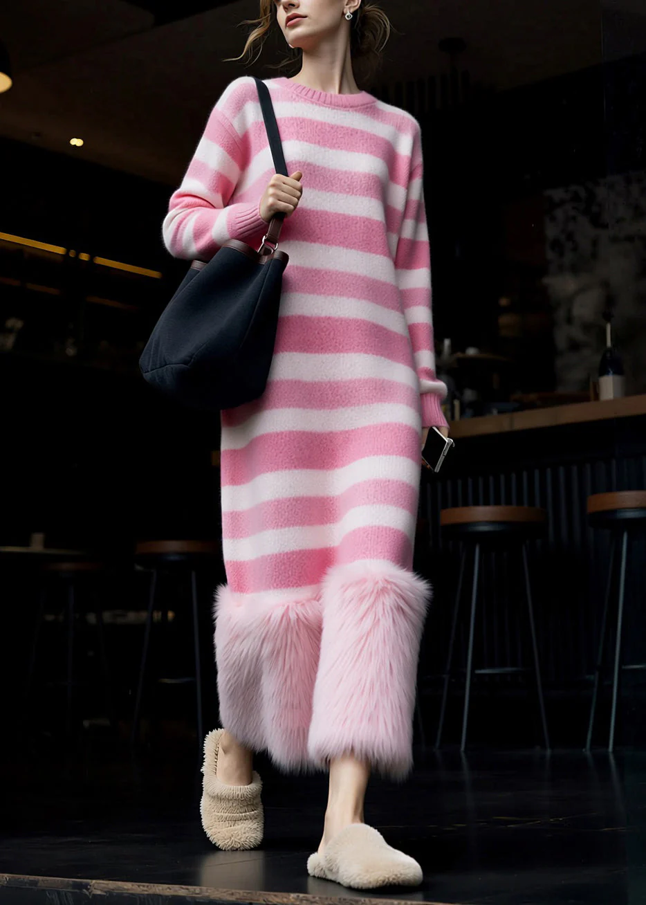 New Pink O Neck Striped Patchwork Knit Long Sweater Dress Spring - Image 2
