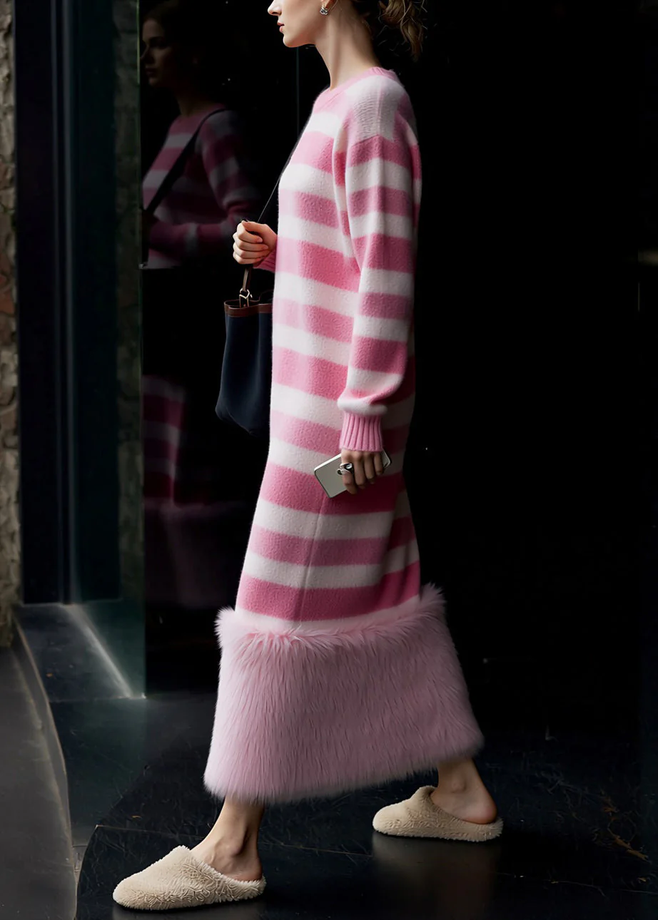 New Pink O Neck Striped Patchwork Knit Long Sweater Dress Spring - Image 5