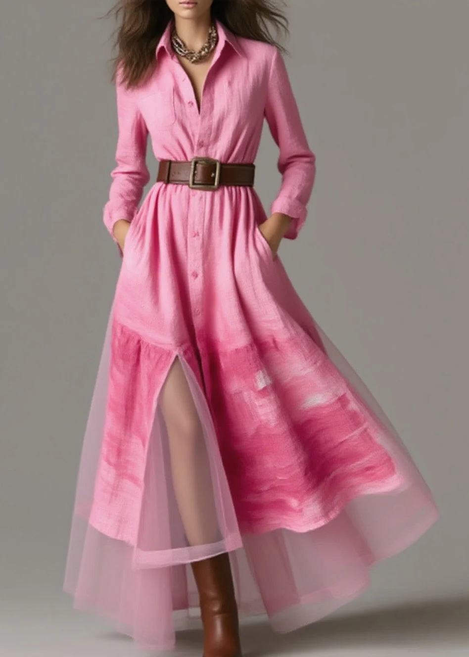 New Pink Peter Pan Collar Print Patchwork Cotton Dress Spring - Image 3
