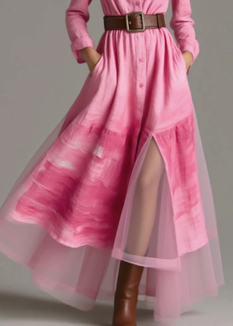 New Pink Peter Pan Collar Print Patchwork Cotton Dress Spring - Image 4