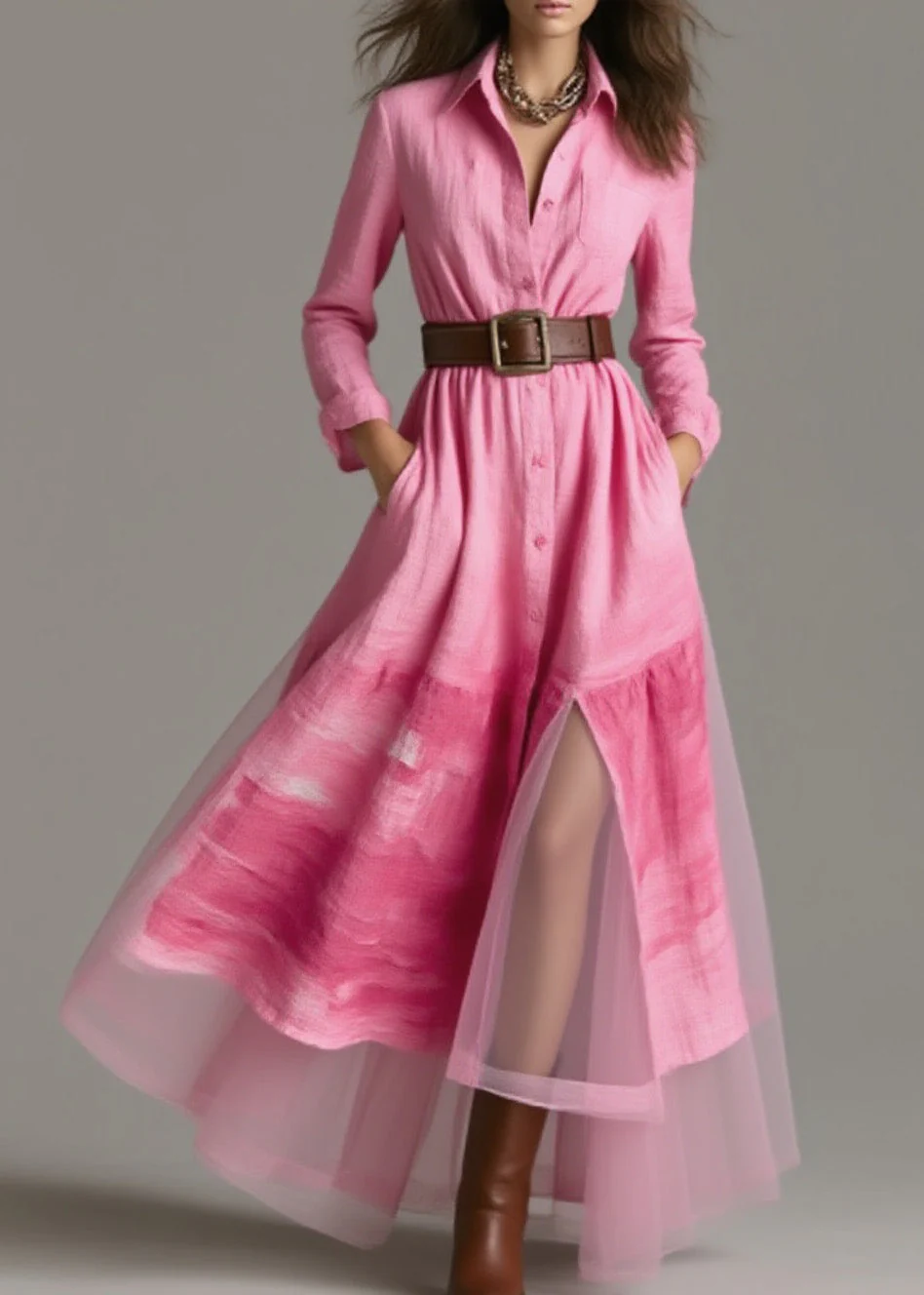 New Pink Peter Pan Collar Print Patchwork Cotton Dress Spring - Image 5