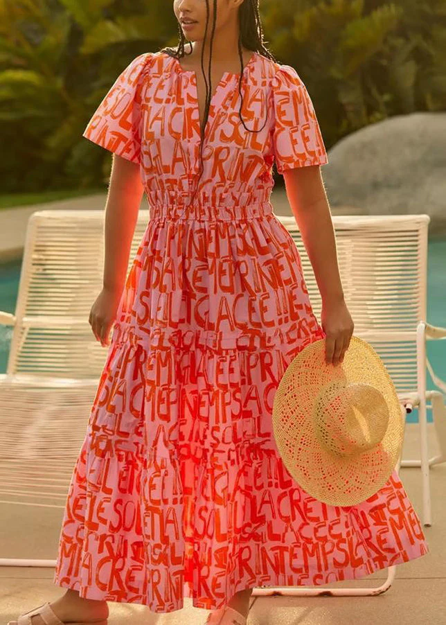 New Pink Print Elastic Waist Cotton Long Dress Summer - Image 3