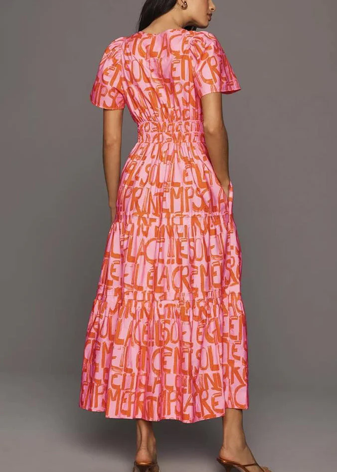 New Pink Print Elastic Waist Cotton Long Dress Summer - Image 5