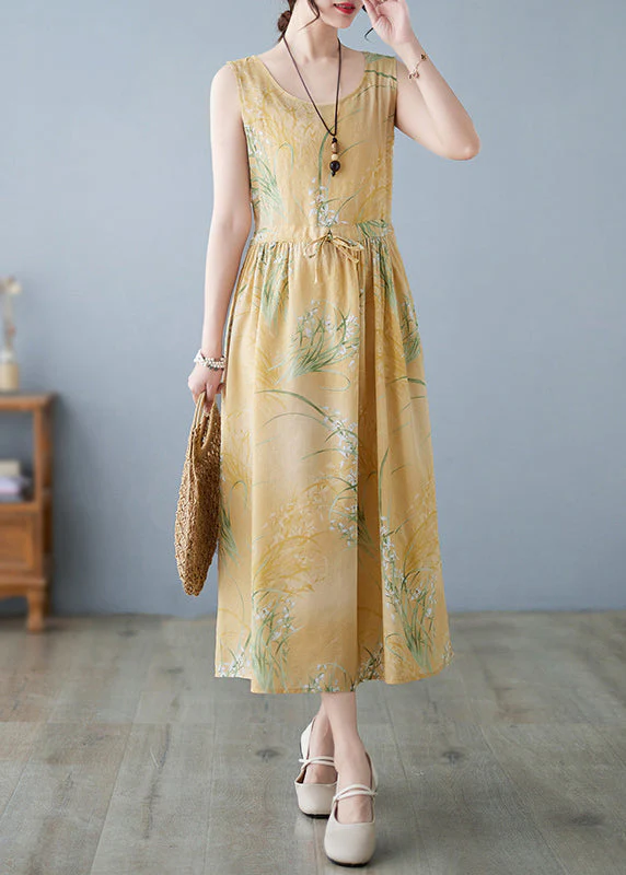 New Pink Print Lace Up Pockets Cotton Dress Sleeveless - Image 3
