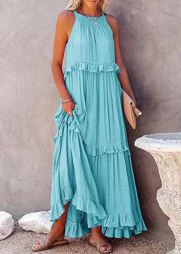 New Pink Ruffled Lace Up Cotton Long Dresses Sleeveless - Image 2