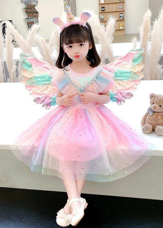 New Pink Sequins Wrinkled Patchwork Tulle Kids Girls Rainbow Dress Summer - Image 2