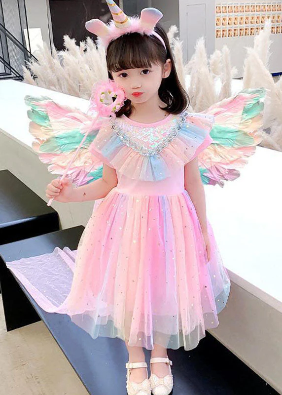 New Pink Sequins Wrinkled Patchwork Tulle Kids Girls Rainbow Dress Summer - Image 3