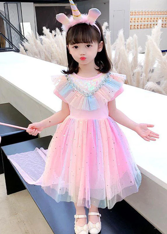 New Pink Sequins Wrinkled Patchwork Tulle Kids Girls Rainbow Dress Summer - Image 4