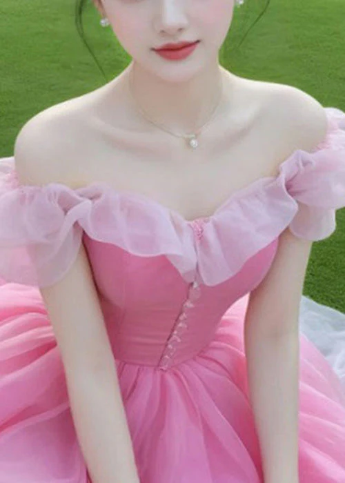 New Pink Slash Neck Patchwork Chiffon Party Dress Summer - Image 2