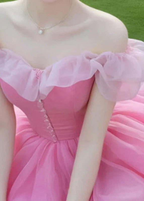 New Pink Slash Neck Patchwork Chiffon Party Dress Summer - Image 3