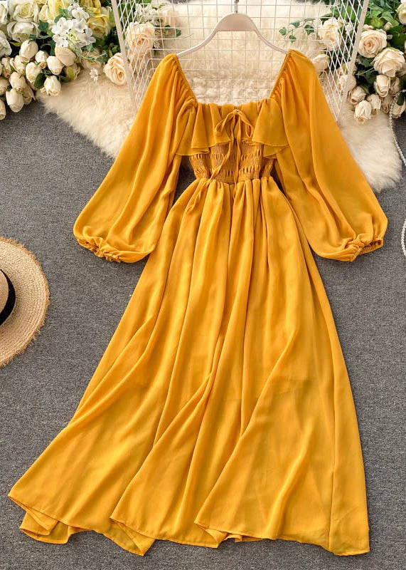 New Pink Square Collar Ruffled Chiffon Dress Fall - Image 3