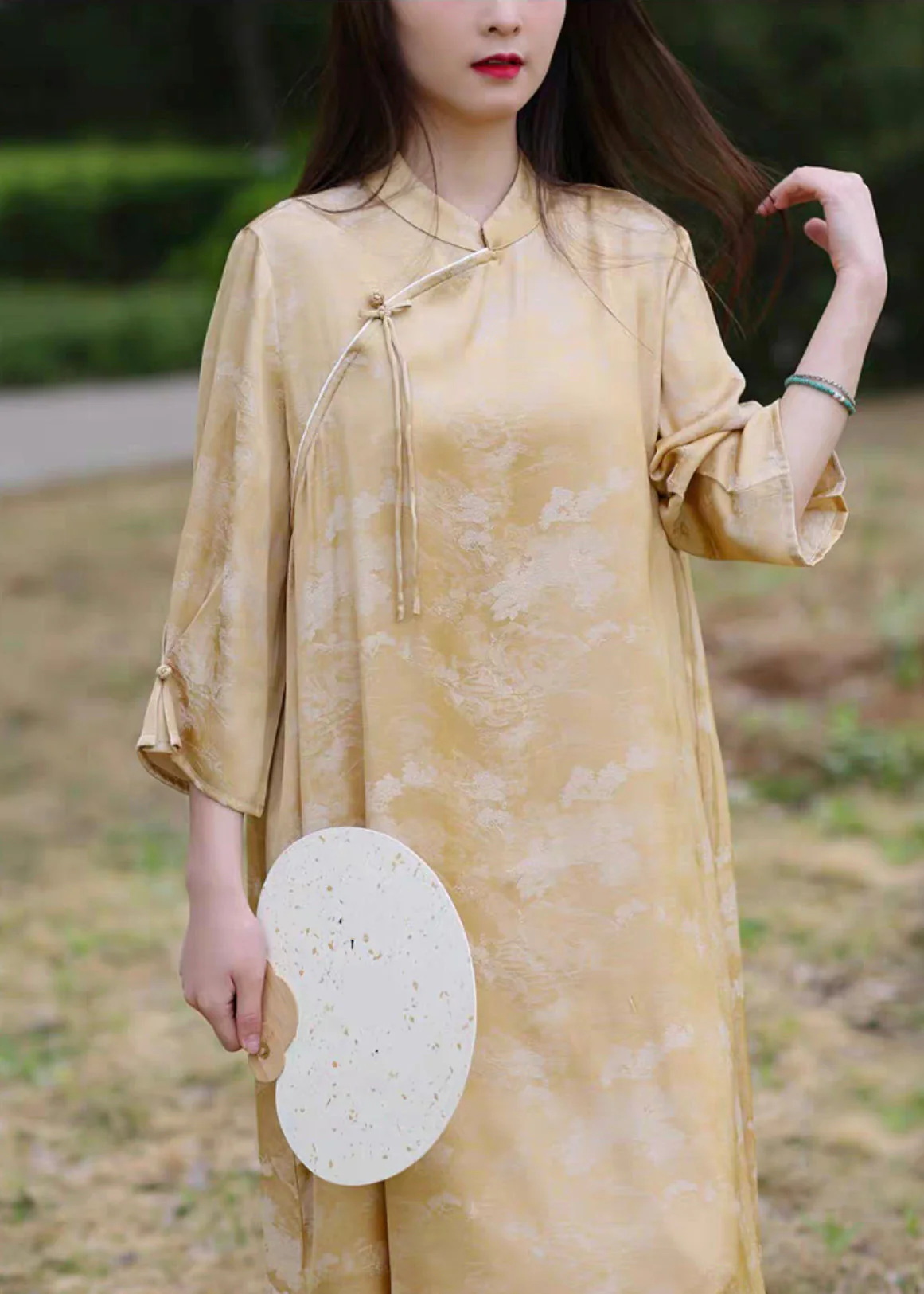 New Pink Stand Collar Chinese Button Silk Cotton Long Dress Bracelet Sleeve - Image 2