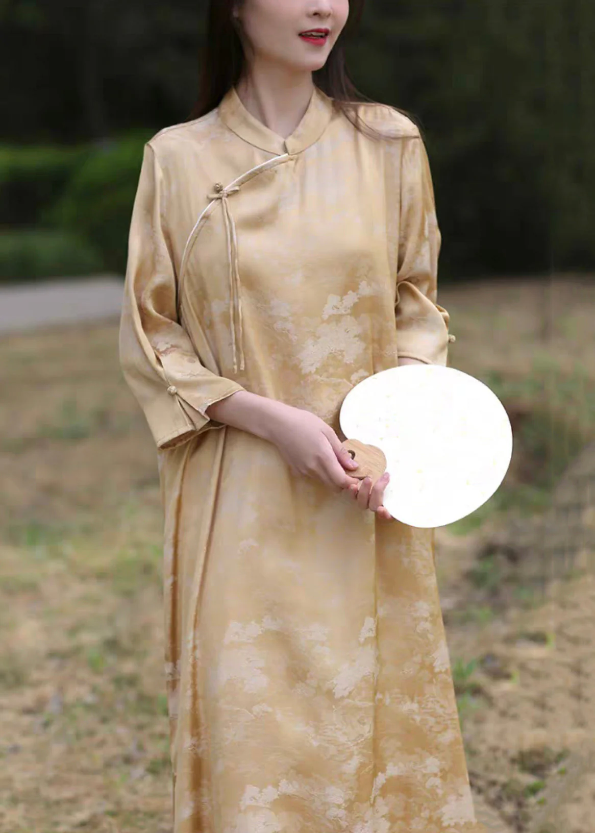 New Pink Stand Collar Chinese Button Silk Cotton Long Dress Bracelet Sleeve - Image 3