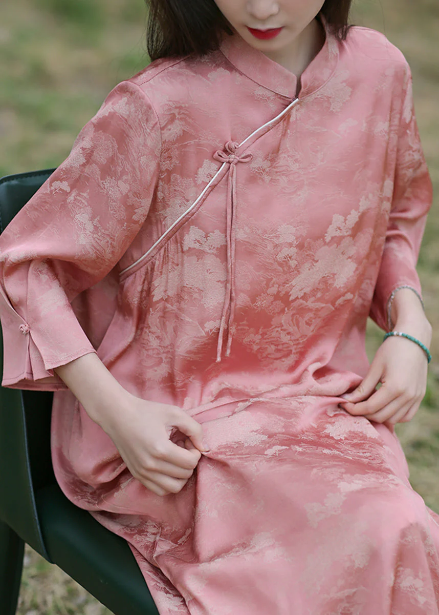 New Pink Stand Collar Chinese Button Silk Cotton Long Dress Bracelet Sleeve - Image 4