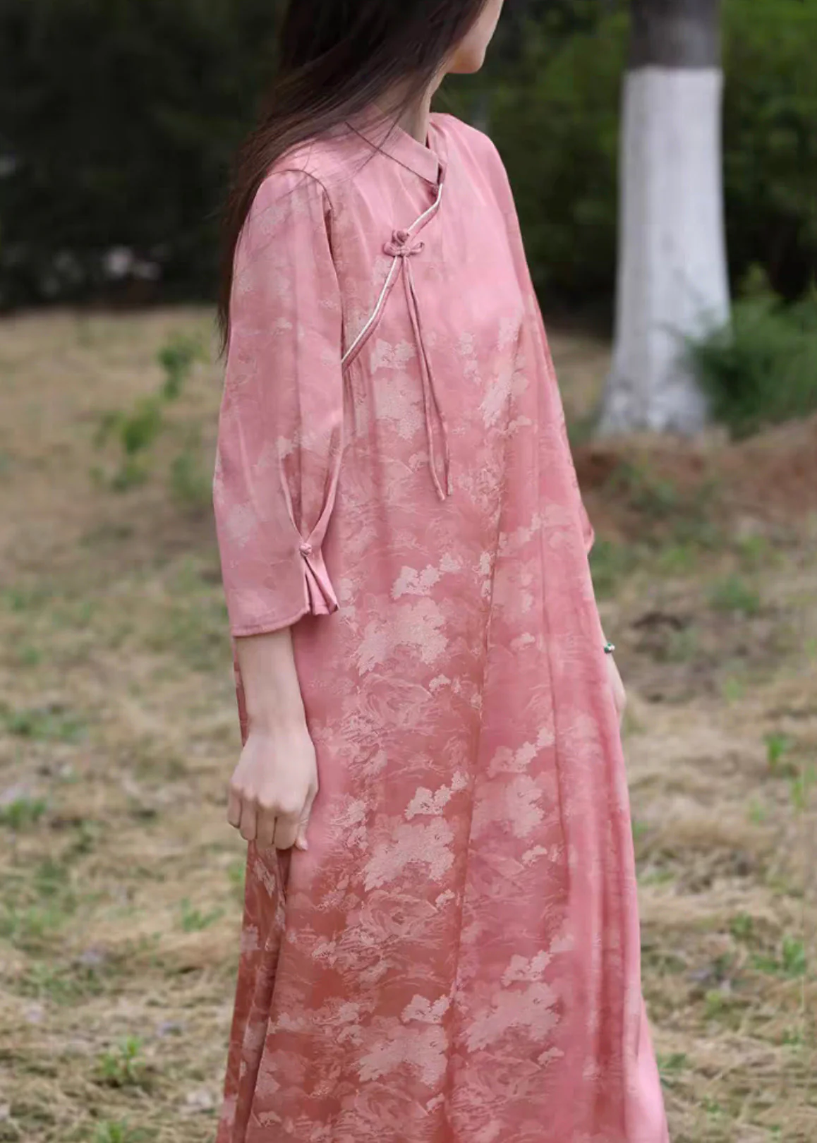 New Pink Stand Collar Chinese Button Silk Cotton Long Dress Bracelet Sleeve - Image 5