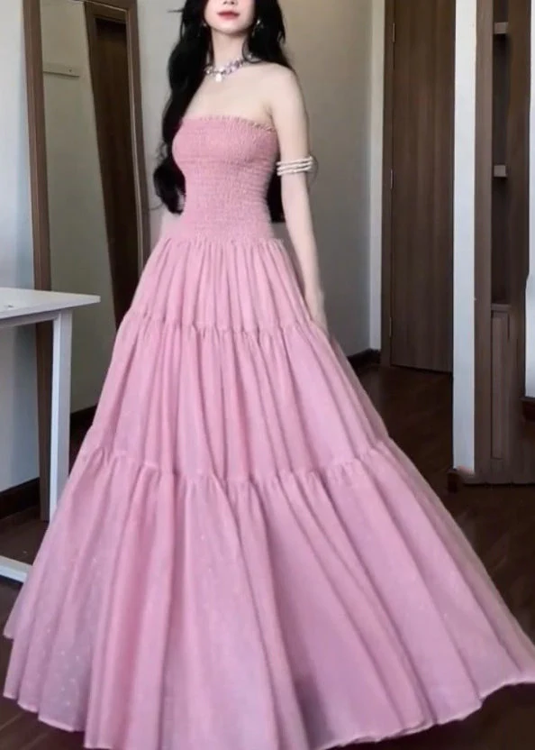 New Pink Strapless Solid Cotton Long Dress Sleeveless - Image 3