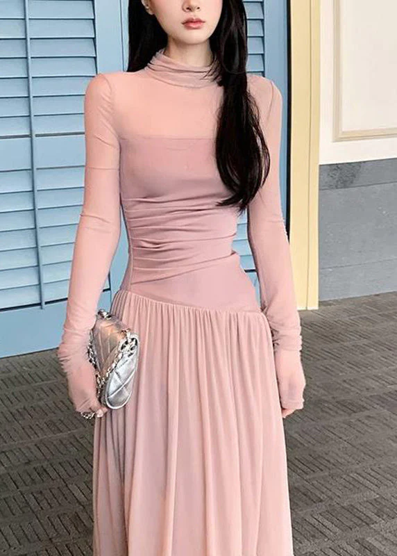 New Pink Turtleneck Patchwork Solid Tulle Long Dress Long Sleeve - Image 3