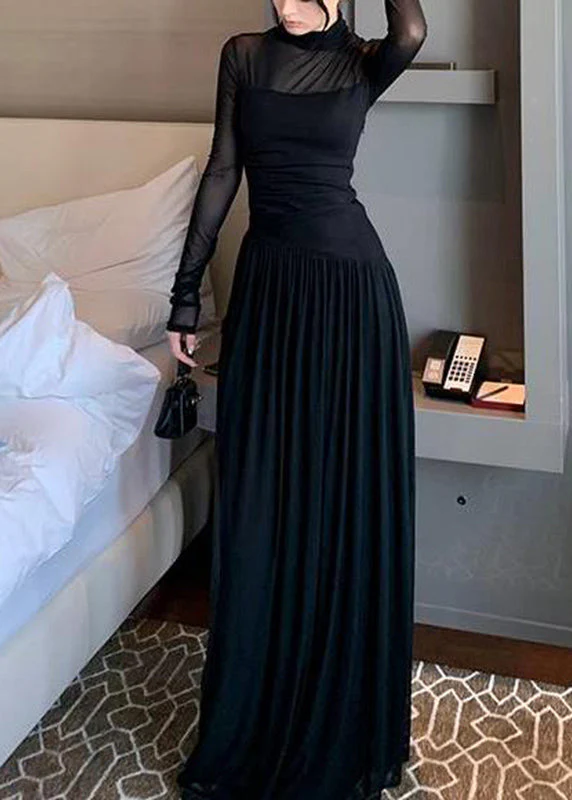 New Pink Turtleneck Patchwork Solid Tulle Long Dress Long Sleeve - Image 4
