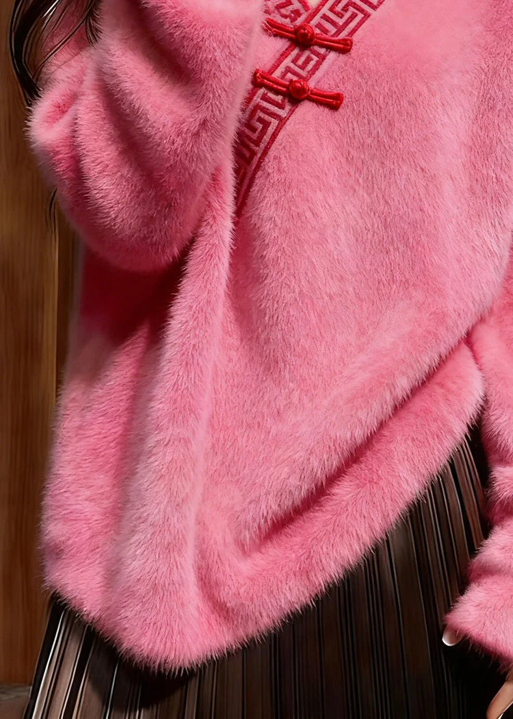 New Pink V Neck Chinese Button Cozy Mink Hair Knitted Sweater Spring - Image 3