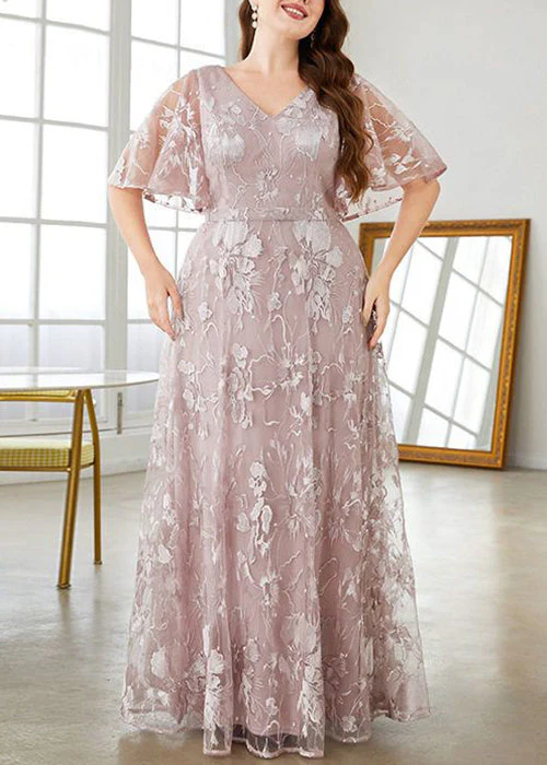 New Pink V Neck High Waist Lace Party Dress Flare Sleeve - Image 2