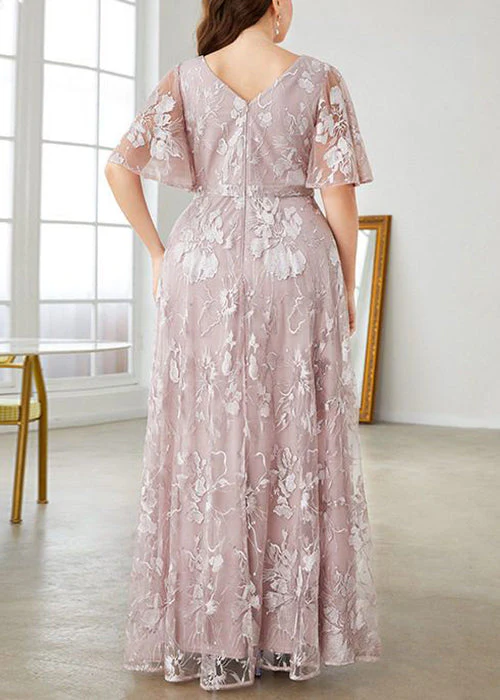 New Pink V Neck High Waist Lace Party Dress Flare Sleeve - Image 3