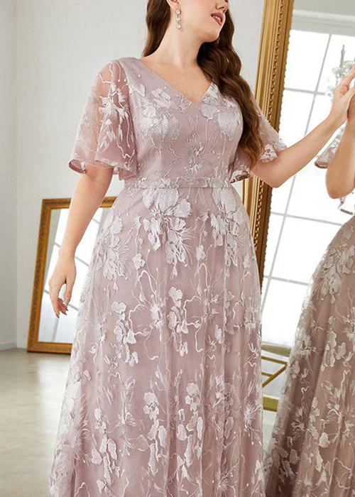 New Pink V Neck High Waist Lace Party Dress Flare Sleeve - Image 4