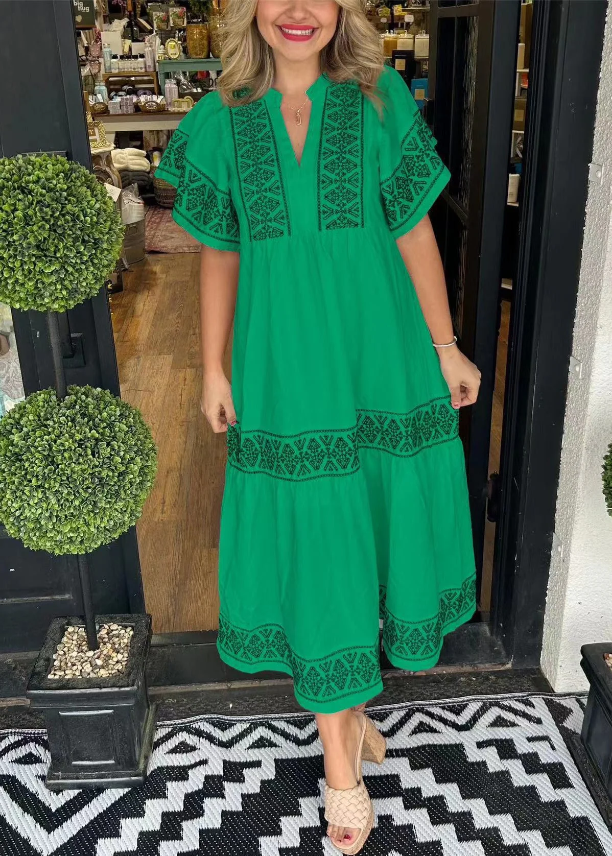 New Pink V Neck Print Cotton Long Dress Summer - Image 2