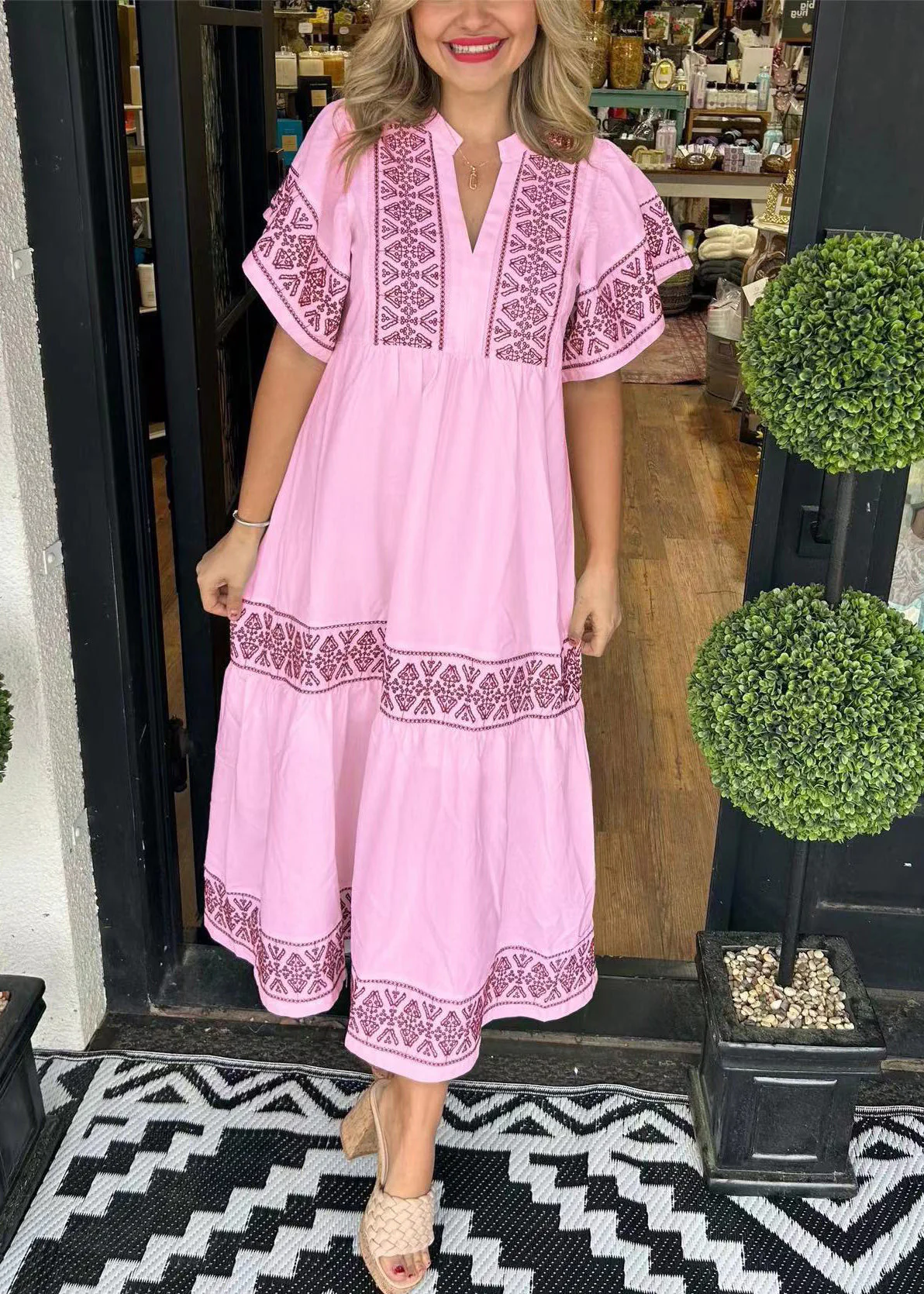 New Pink V Neck Print Cotton Long Dress Summer - Image 3