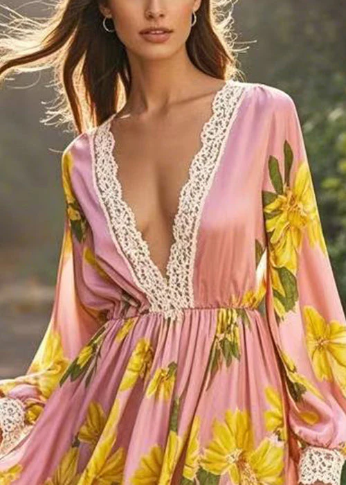 New Pink V Neck Print Patchwork Silk Mid Dress Spring - Image 2