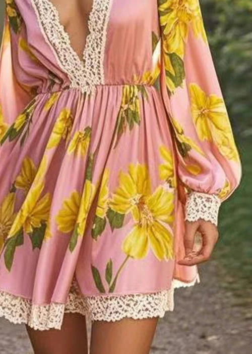 New Pink V Neck Print Patchwork Silk Mid Dress Spring - Image 4