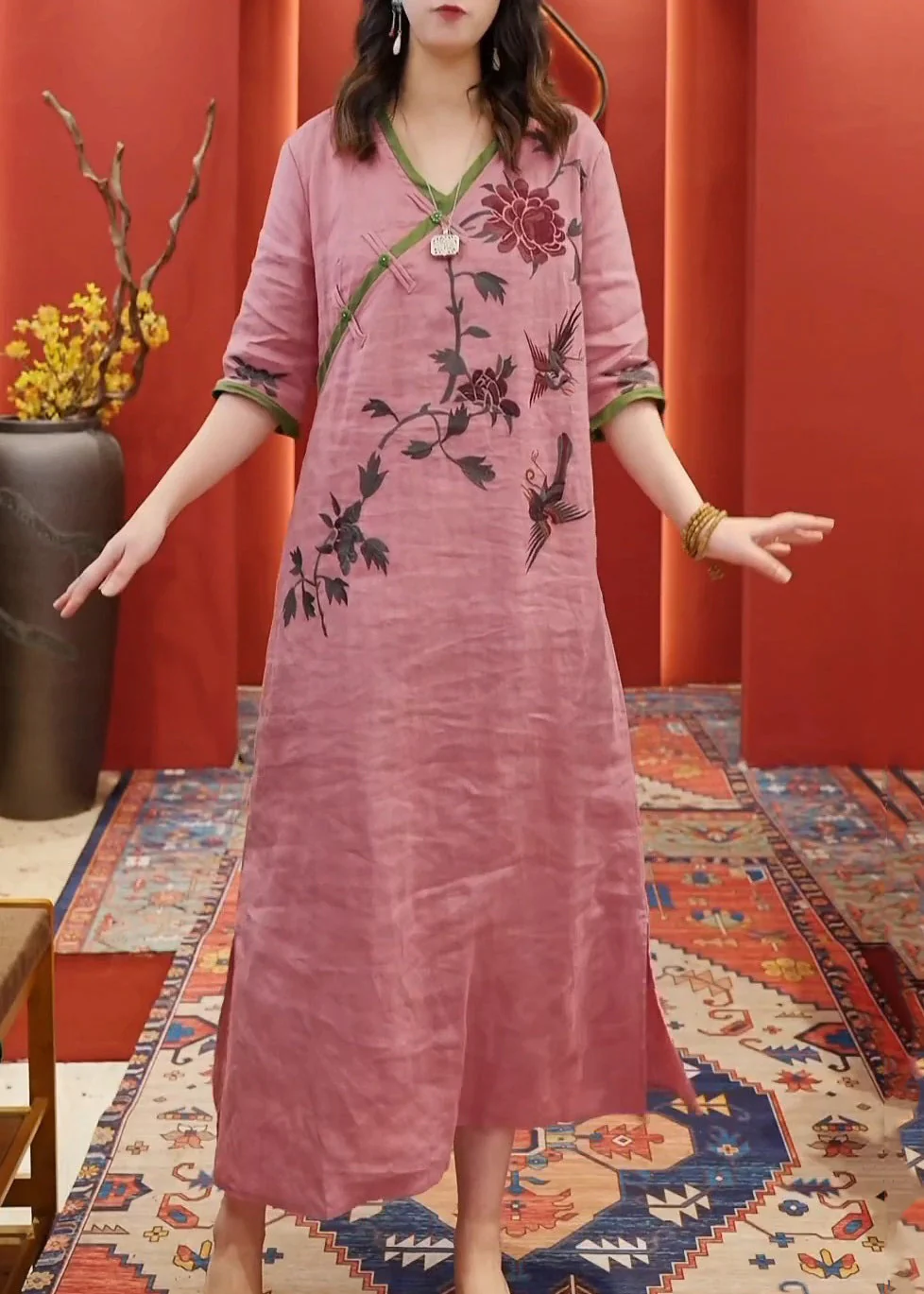 New Pink V Neck Print Side Open Cotton Dress Half Sleeve - Image 4