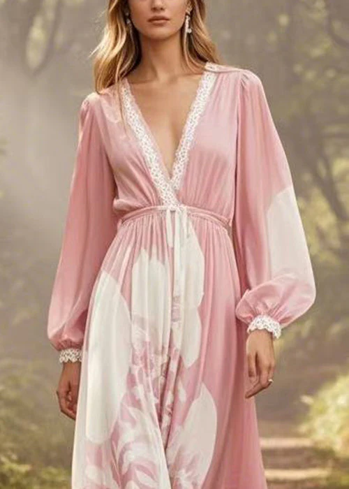 New Pink V Neck Print Tie Waist Chiffon Long Dresses Spring - Image 2