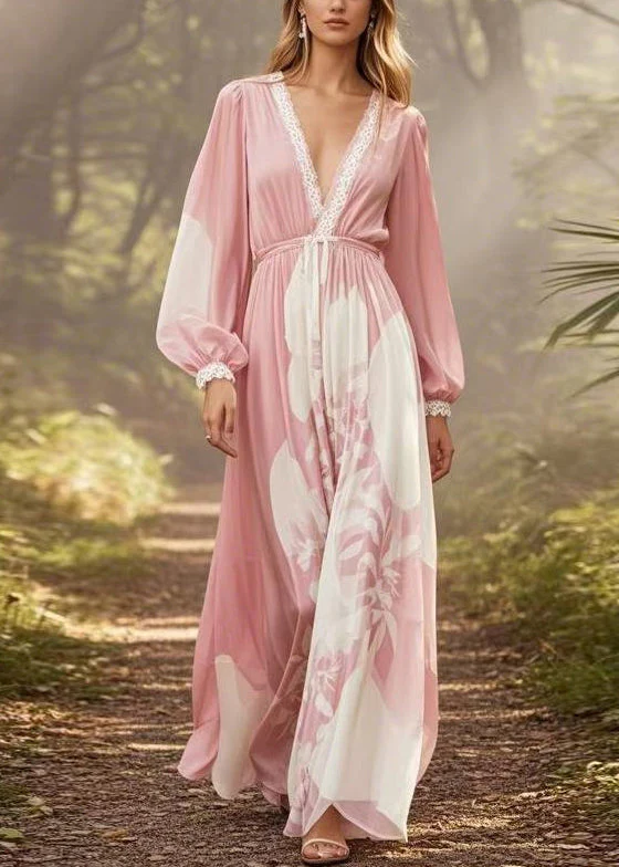 New Pink V Neck Print Tie Waist Chiffon Long Dresses Spring - Image 3