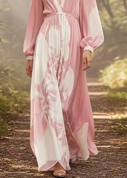 New Pink V Neck Print Tie Waist Chiffon Long Dresses Spring - Image 4