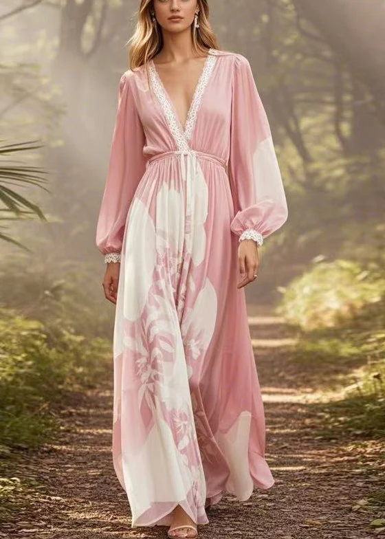 New Pink V Neck Print Tie Waist Chiffon Long Dresses Spring - Image 5