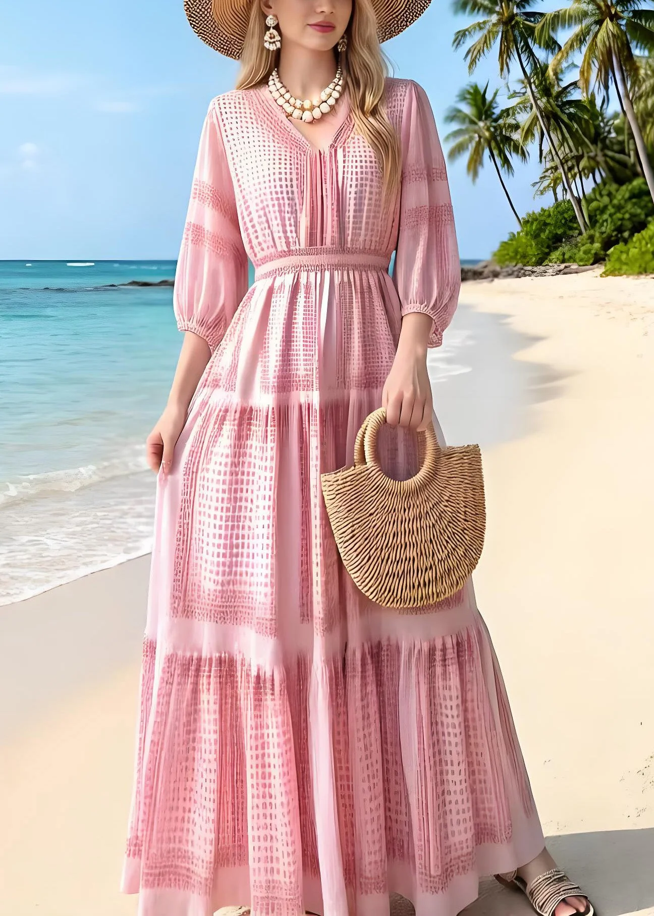 New Pink V Neck Print Wrinkled Chiffon Robe Dresses Summer - Image 3