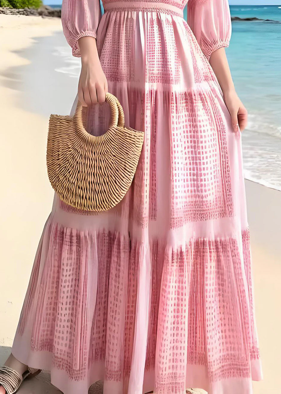 New Pink V Neck Print Wrinkled Chiffon Robe Dresses Summer - Image 4