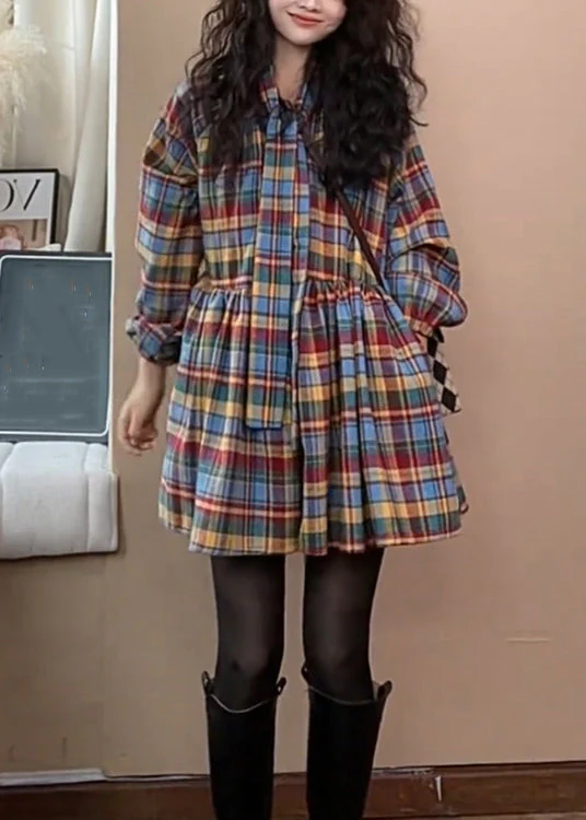 New Plaid Tie Waist Wrinkled Woolen Shirts Dress Spring - Image 3