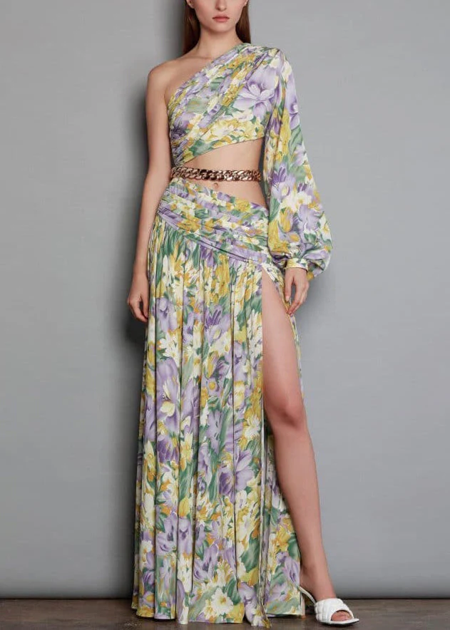 New Print One Shoulder Chain Linked Side Open Chiffon Long Dress Summer - Image 2