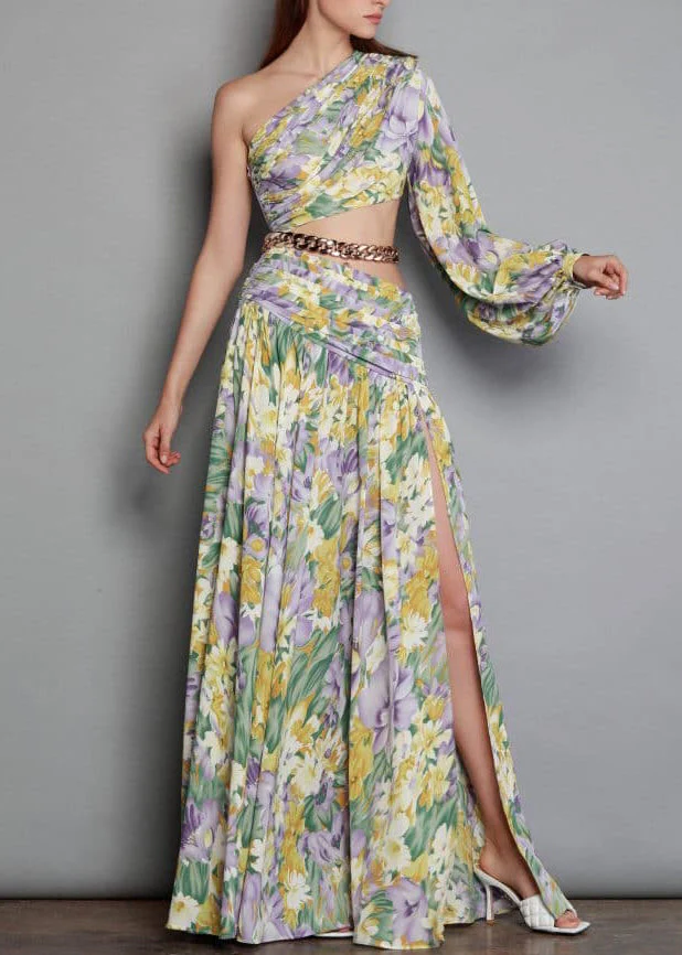 New Print One Shoulder Chain Linked Side Open Chiffon Long Dress Summer - Image 3