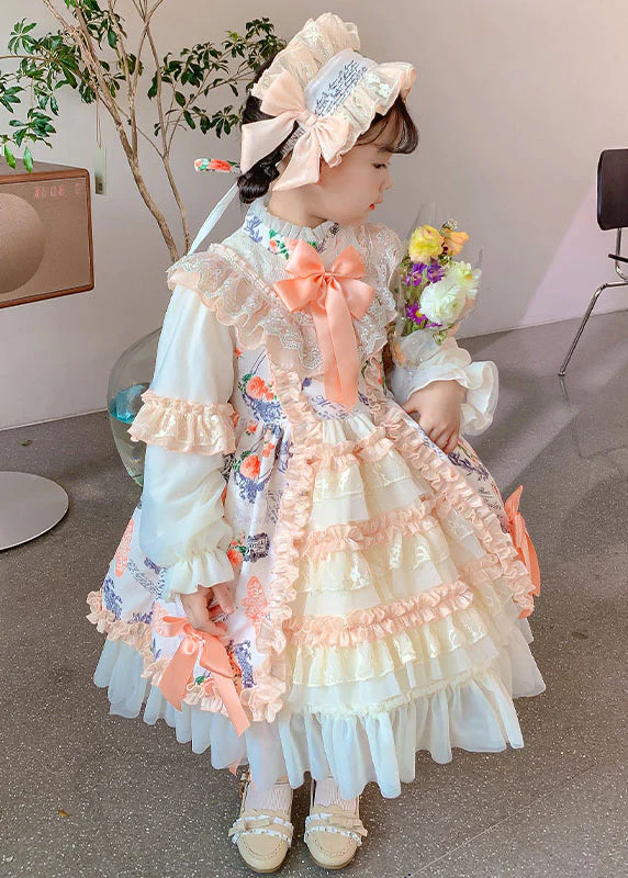 New Print Ruffled Bow Patchwork Cotton Kids Girls Princess Dresses Autumn - Image 2