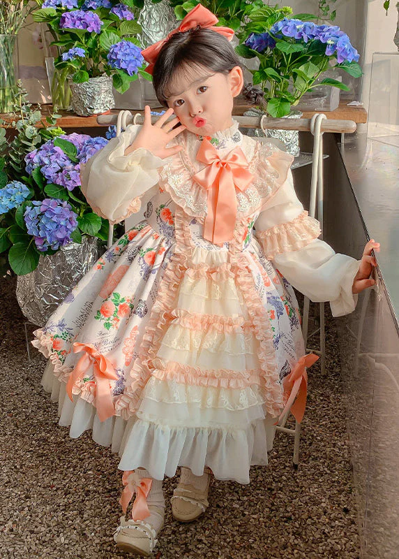 New Print Ruffled Bow Patchwork Cotton Kids Girls Princess Dresses Autumn - Image 3