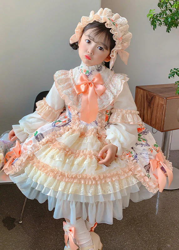 New Print Ruffled Bow Patchwork Cotton Kids Girls Princess Dresses Autumn - Image 4